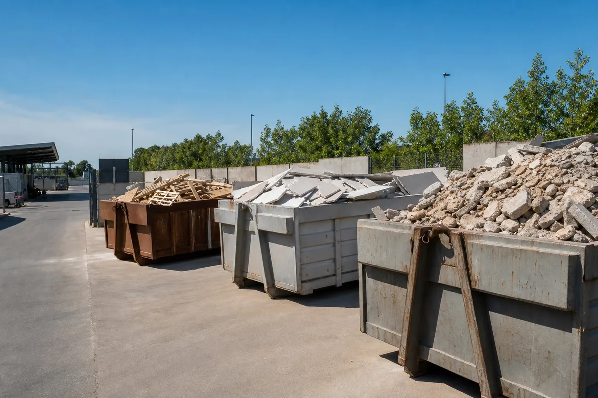 Point de collecte de déchets du bâtiment avec bennes dédiées au bois, au plâtre et aux gravats