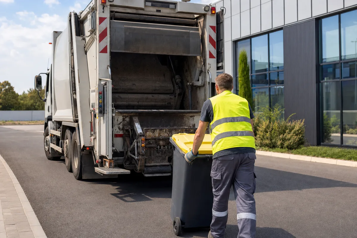 Opérateur en gilet haute visibilité chargeant des bacs roulants de tri dans un camion de collecte