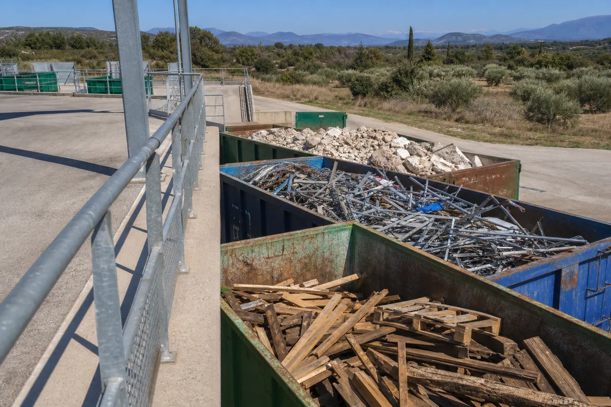Quai d’une déchèterie professionnelle avec bennes séparées pour le bois, les métaux et les gravats