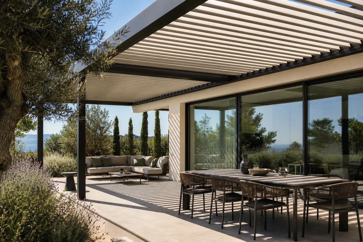 Pergola bioclimatique à lames orientables ombrageant une terrasse et une baie vitrée en plein après-midi d’été