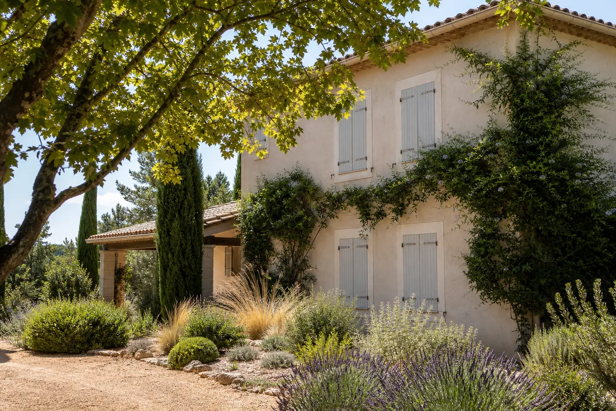 Maison méditerranéenne dont la façade sud est ombragée par un arbre et des volets clairs fermés