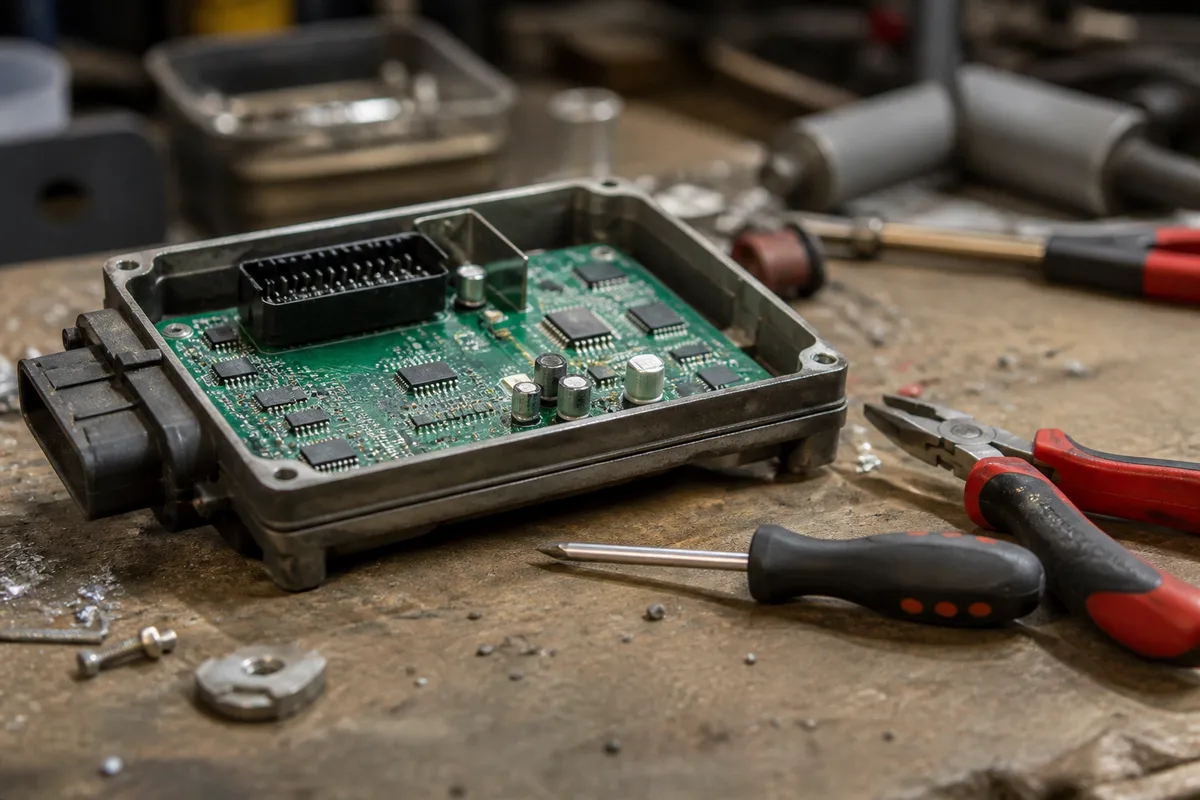 Atelier de démantèlement avec appareils électriques ouverts sur un établi et outils posés