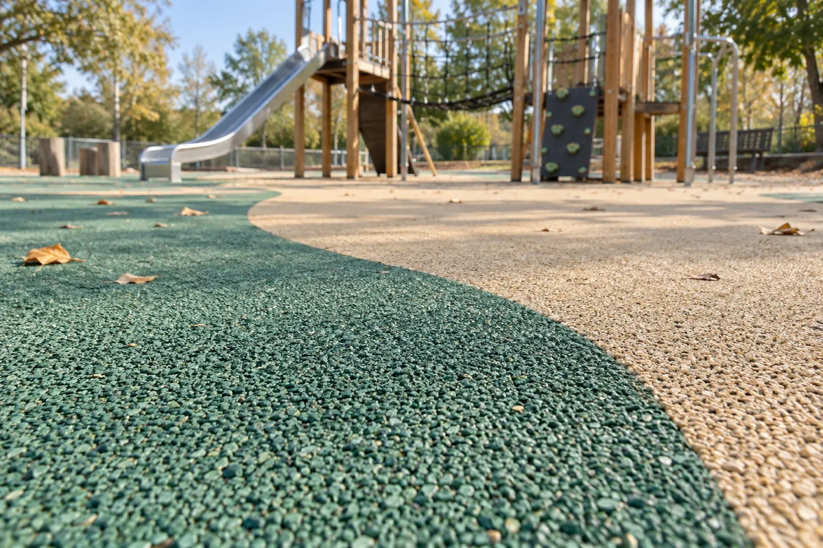 Sol souple d&rsquo;aire de jeux en caoutchouc recyclé et structure de jeu en arrière-plan