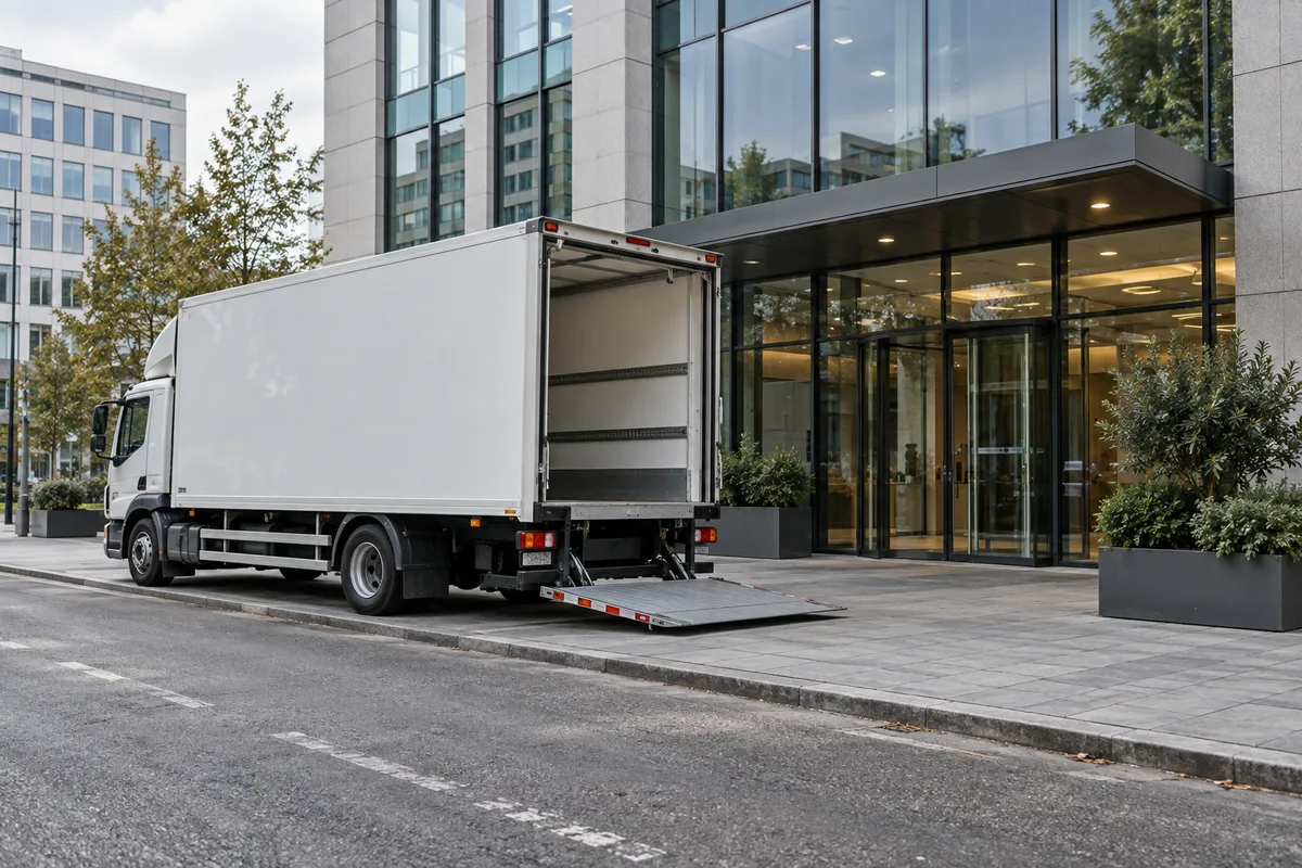 Camion de collecte de déchets stationné devant l&rsquo;entrée vitrée de locaux de bureaux