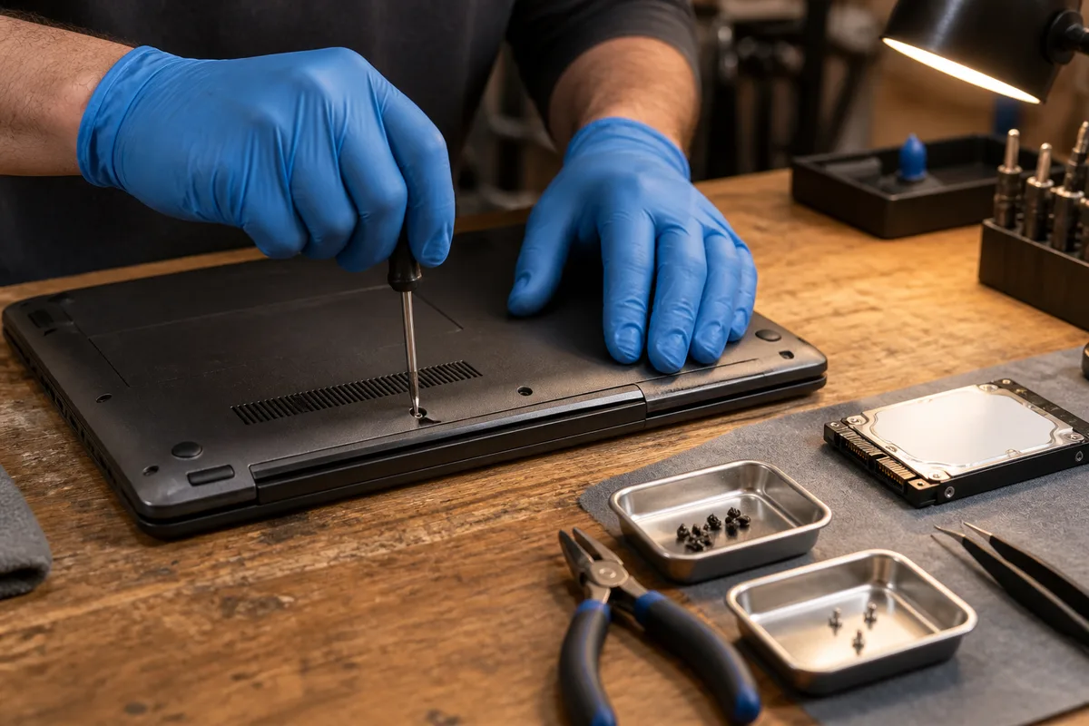 Mains gantées démontant un ordinateur portable ouvert sur un établi d&rsquo;atelier