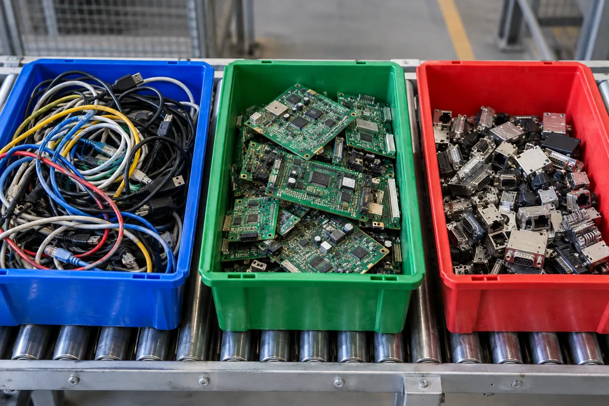 Bacs de tri remplis de câbles enroulés et de cartes électroniques dans un centre de traitement