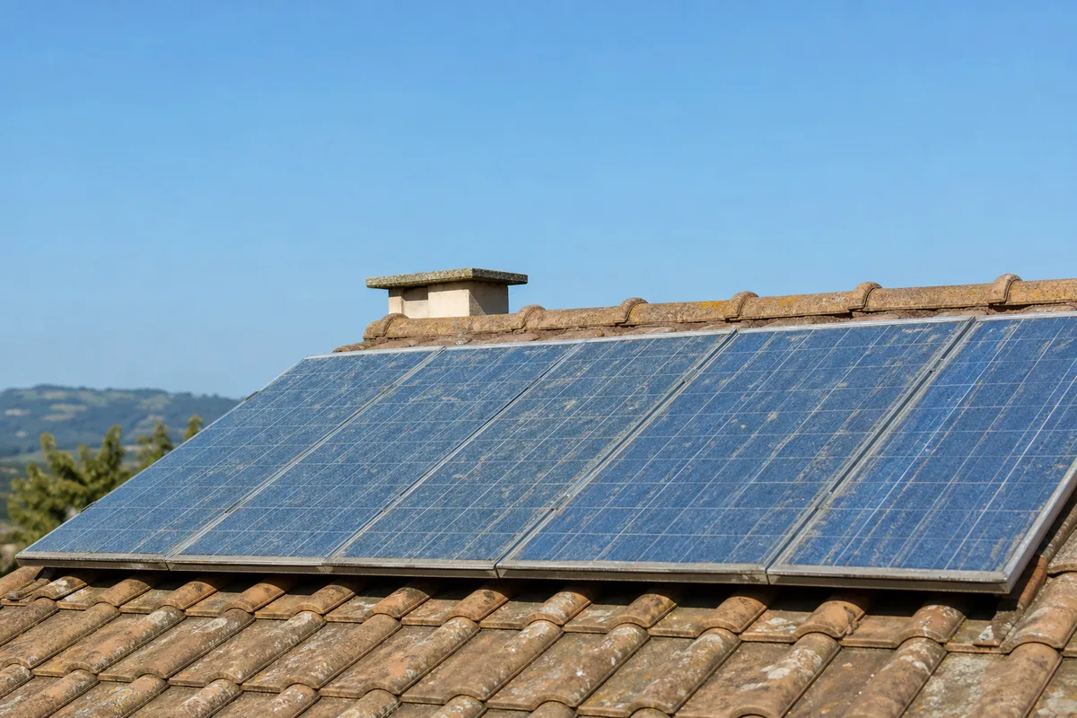Rangée de panneaux photovoltaïques en fin d’exploitation sur un toit