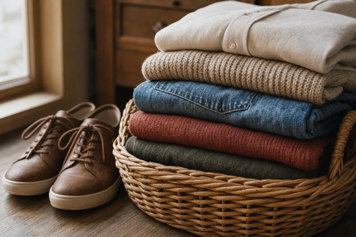 Pile de vêtements pliés propres et secs prêts à être déposés au recyclage