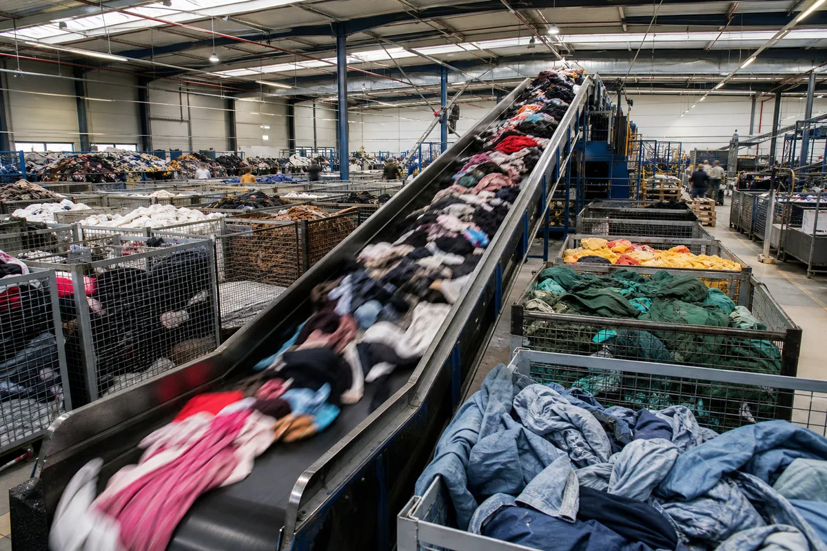 Centre de tri de textiles avec convoyeur et bacs de vêtements séparés par catégorie