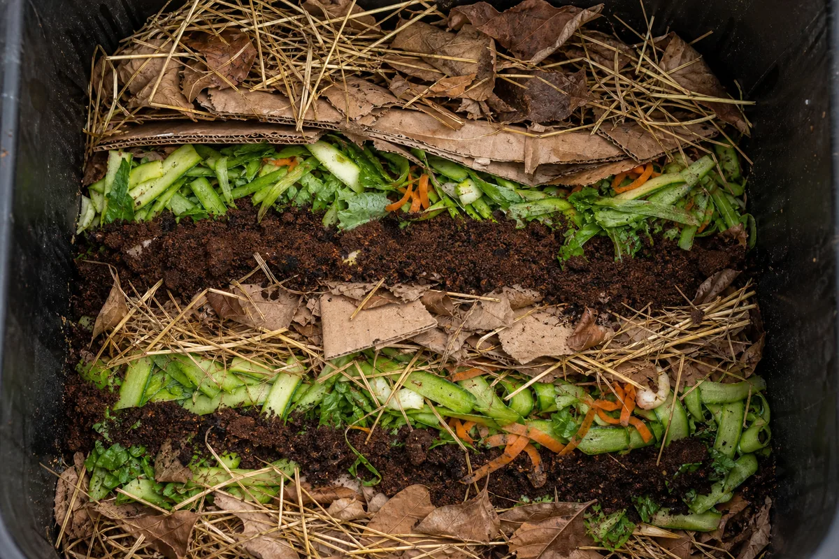 Composteur de jardin en bois montrant des couches alternées d’épluchures vertes et de feuilles mortes brunes