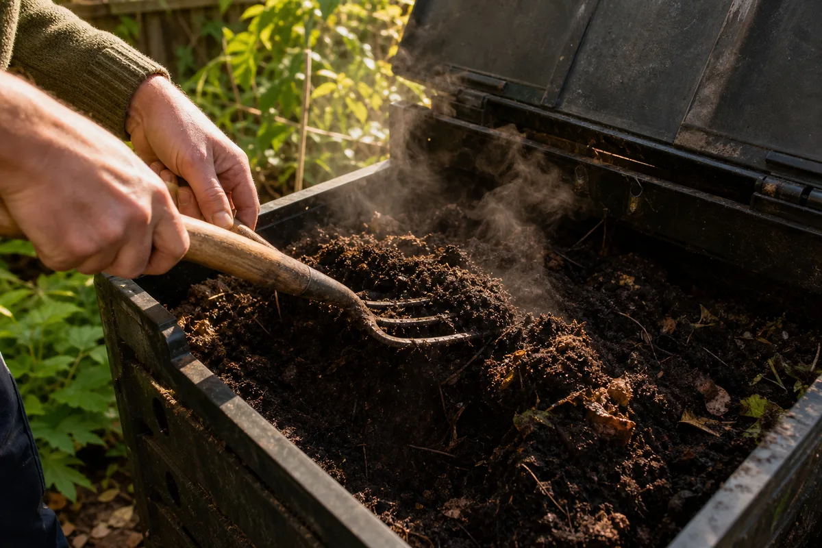 Jardinier aérant un composteur avec une fourche, comparaison entre compost sain et compost trop humide