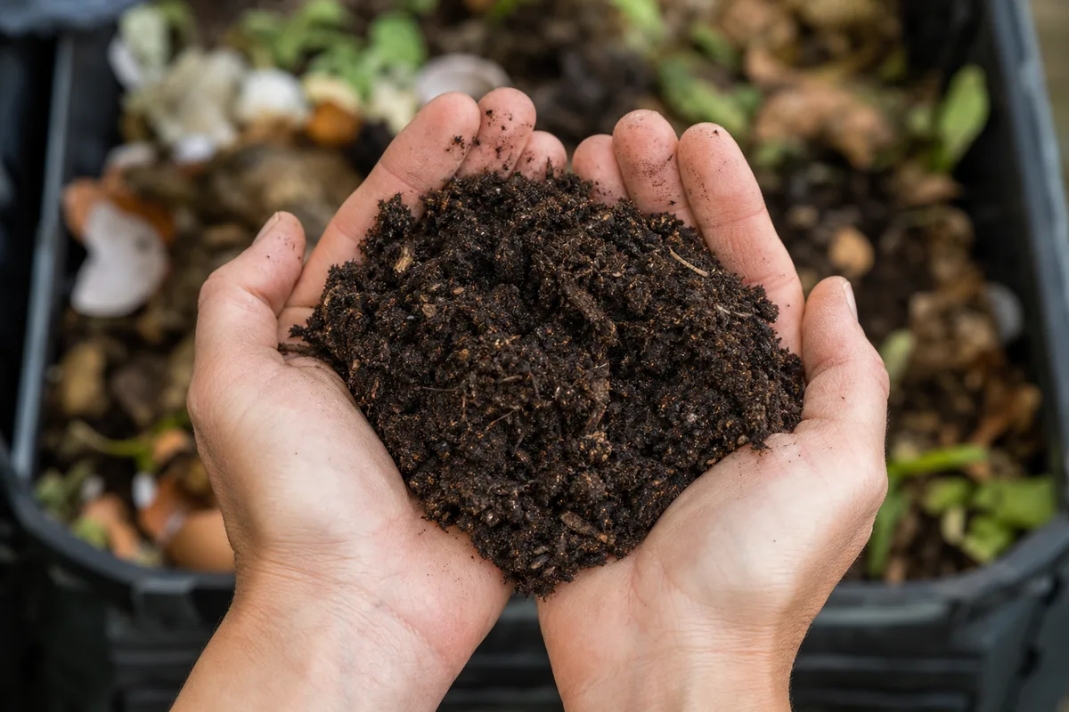 Compost mûr brun sombre et friable tenu dans deux mains au-dessus d’un composteur