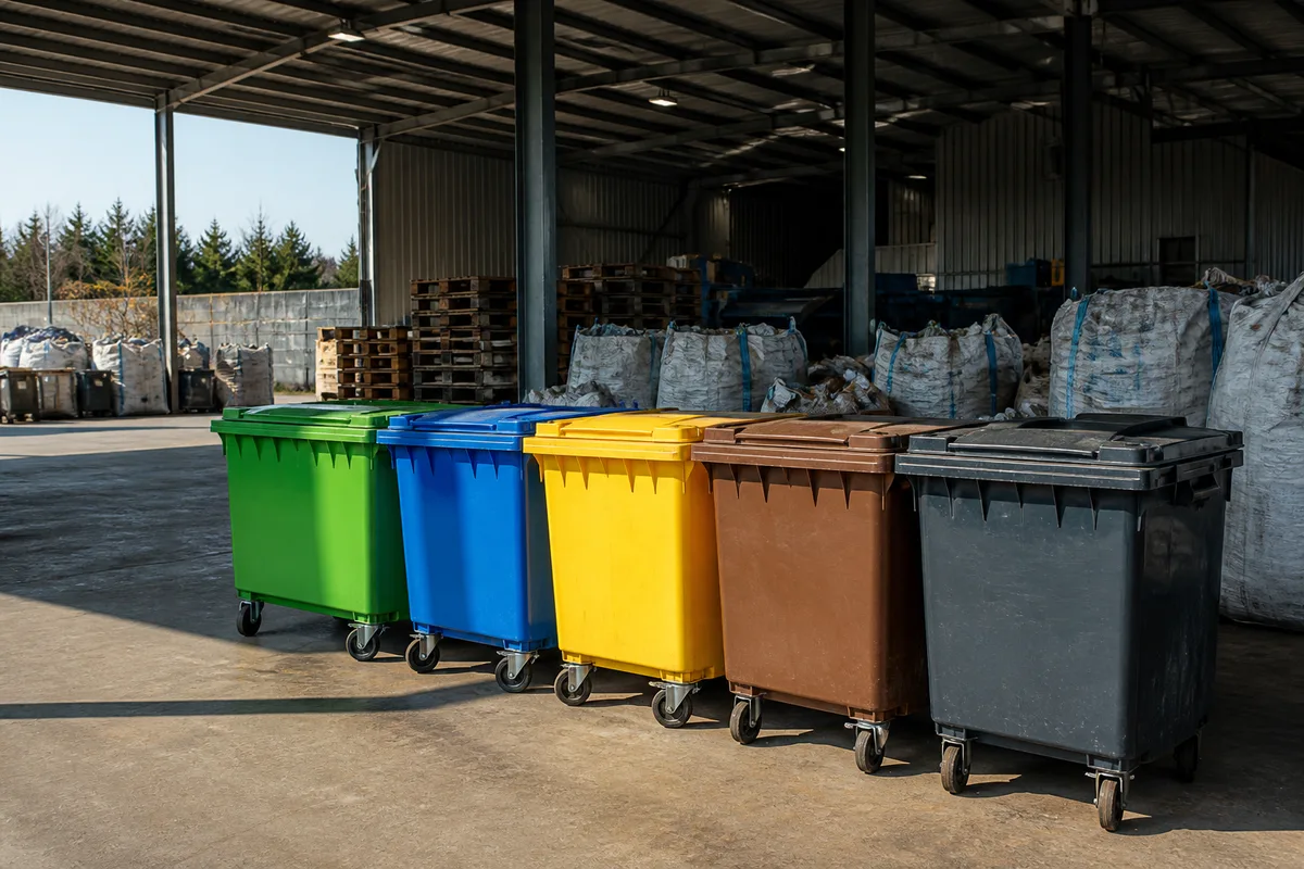 Bacs de tri industriels alignés dans une zone de stockage couverte, lumière naturelle