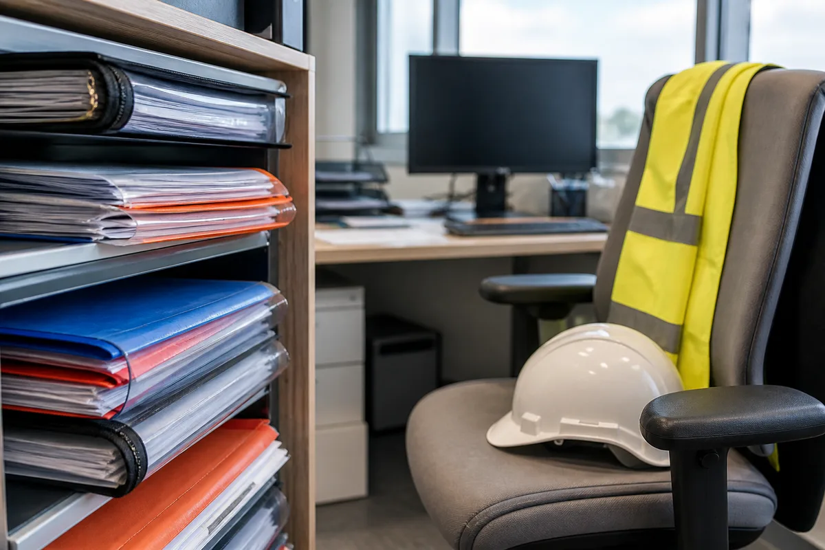 Documents administratifs classés dans un bureau technique avec casque de sécurité posé à côté